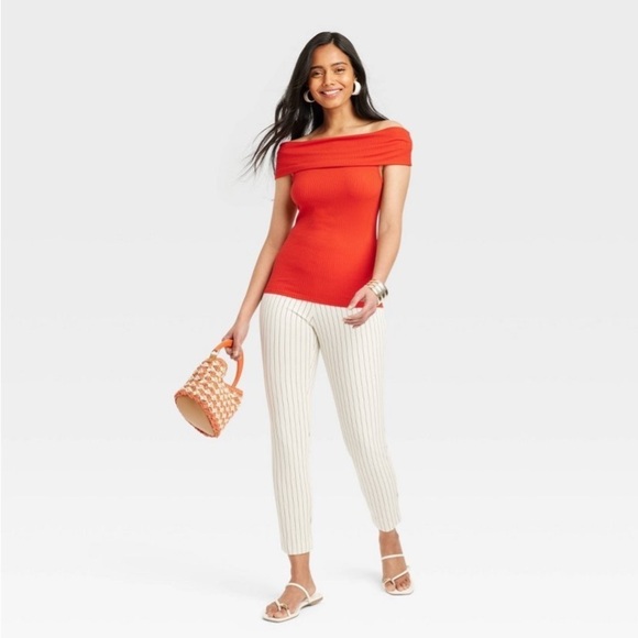 Women's Slim Fit Short Sleeve Off the Shoulder Top - A New Day™ Red L new - Picture 3 of 9